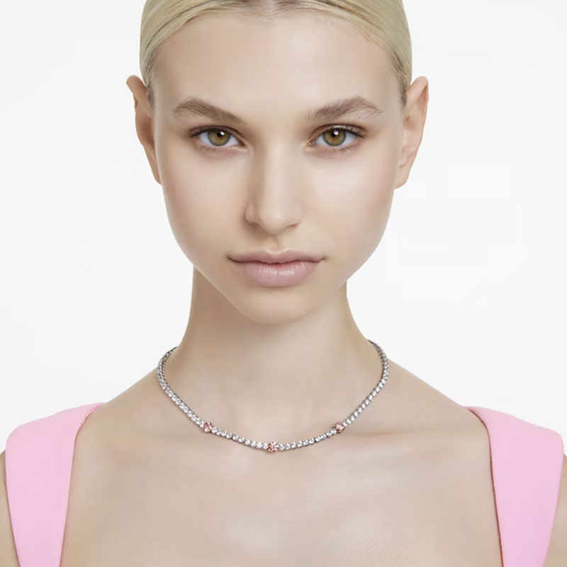 Swarovski Matrix Mixed Cuts Tennis Necklace, Pink and Rhodium Plated