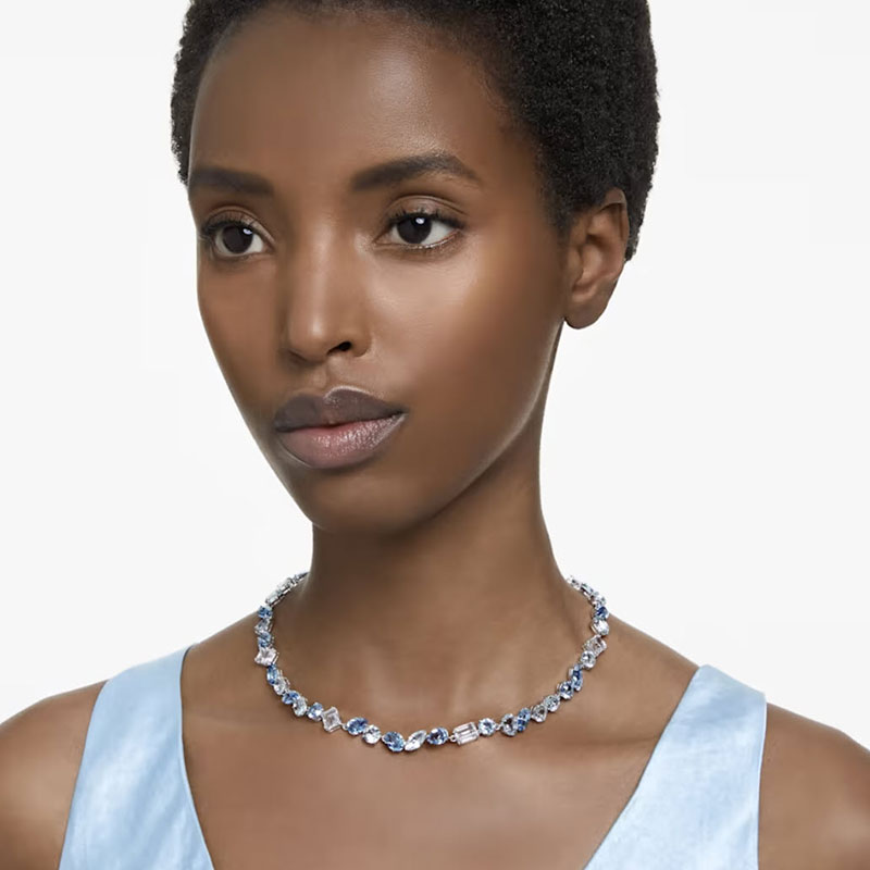 Swarovski Gema Mixed Cuts Necklace, Blue and Rhodium Plated