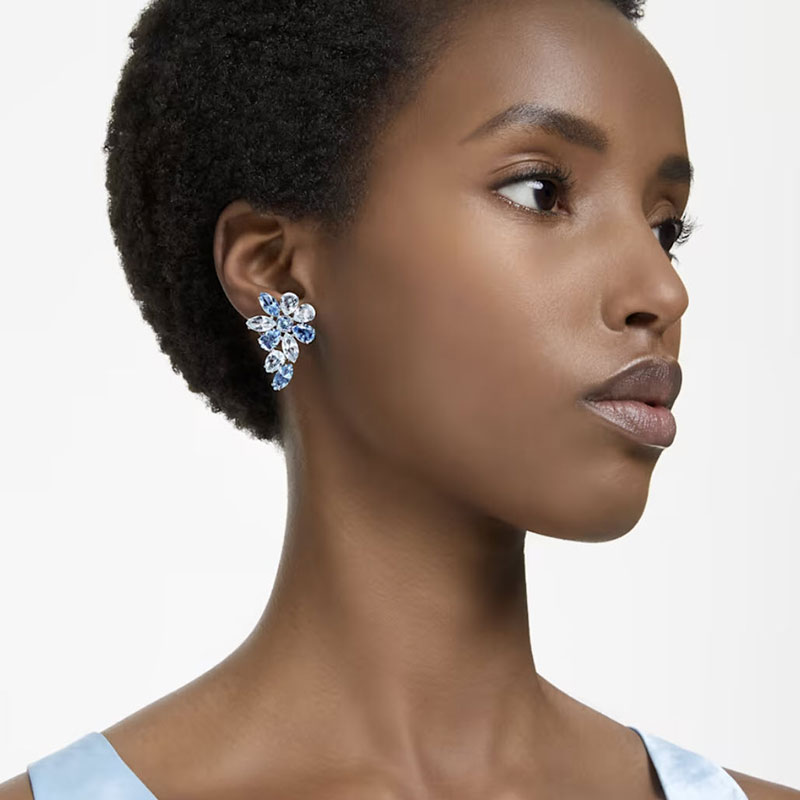 Swarovski Gema Mixed Cuts Flower Drop Earrings, Blue and Rhodium Plated