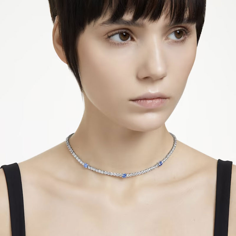 Swarovski Matrix Mixed Cuts Tennis Necklace, Blue and Rhodium Plated