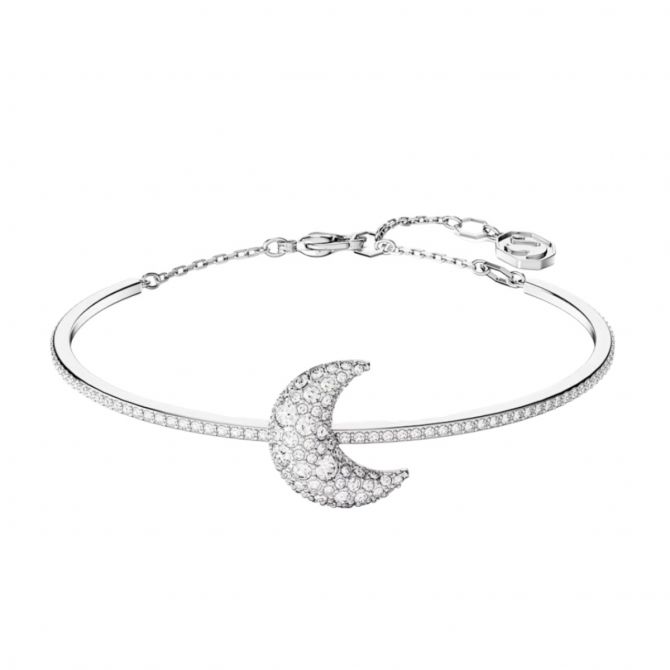 Swarovski Luna Moon Bangle, White and Rhodium Plated