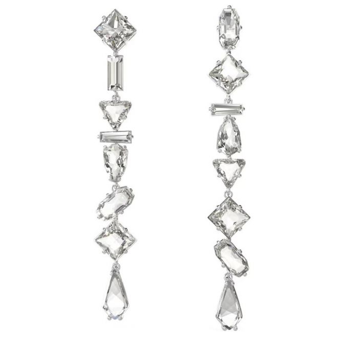 Swarovski Mesmera Asymmetrical Mixed Cuts Long Drop Earrings, White and Rhodium Plated