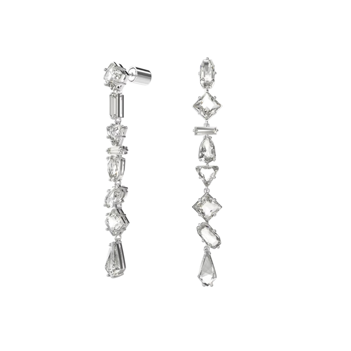 Swarovski Mesmera Asymmetrical Mixed Cuts Long Drop Earrings, White and Rhodium Plated
