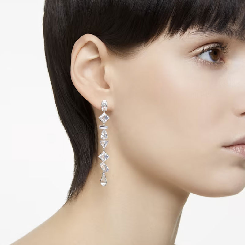 Swarovski Mesmera Asymmetrical Mixed Cuts Long Drop Earrings, White and Rhodium Plated