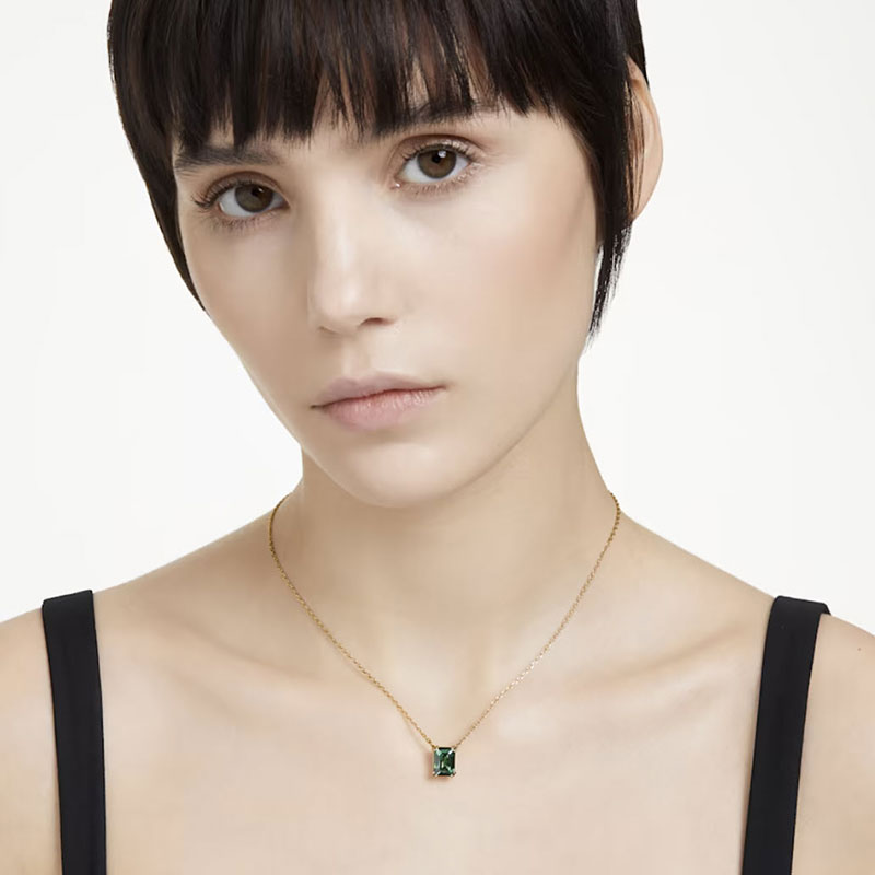 Swarovski Matrix Rectangular Cut Pendant Necklace, Green and Gold Tone Plated