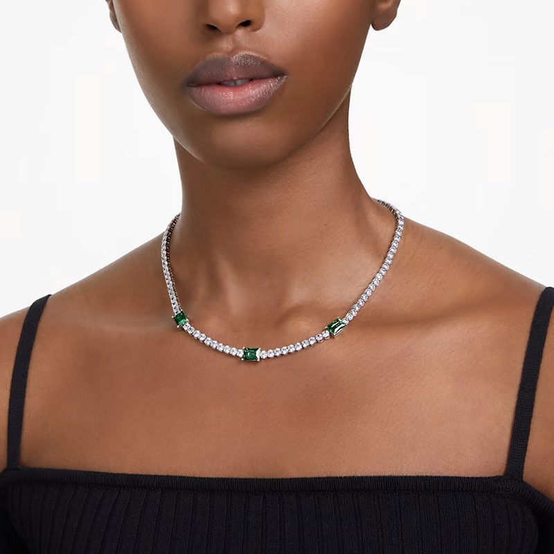 Swarovski Matrix Mixed Cuts Tennis Necklace, Green and Rhodium Plated