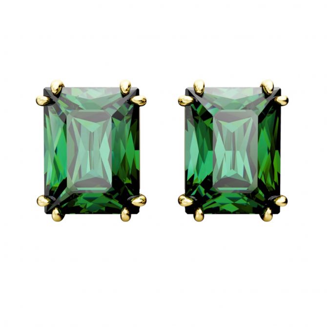 Swarovski Matrix Rectangular Cut Earrings, Green and Gold Tone Plated