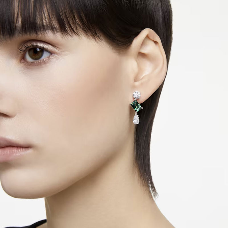 Swarovski Mesmera Mixed Cuts Drop Earrings, Green and Rhodium Plated