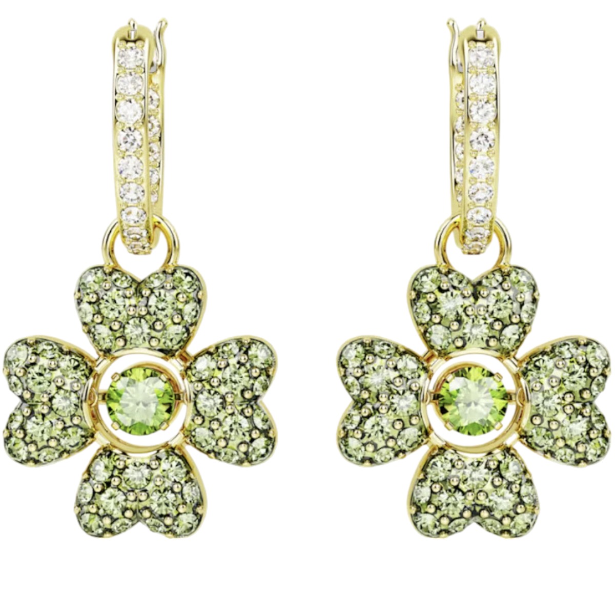 Idyllia drop earrings, Clover, Green, Gold-tone plated