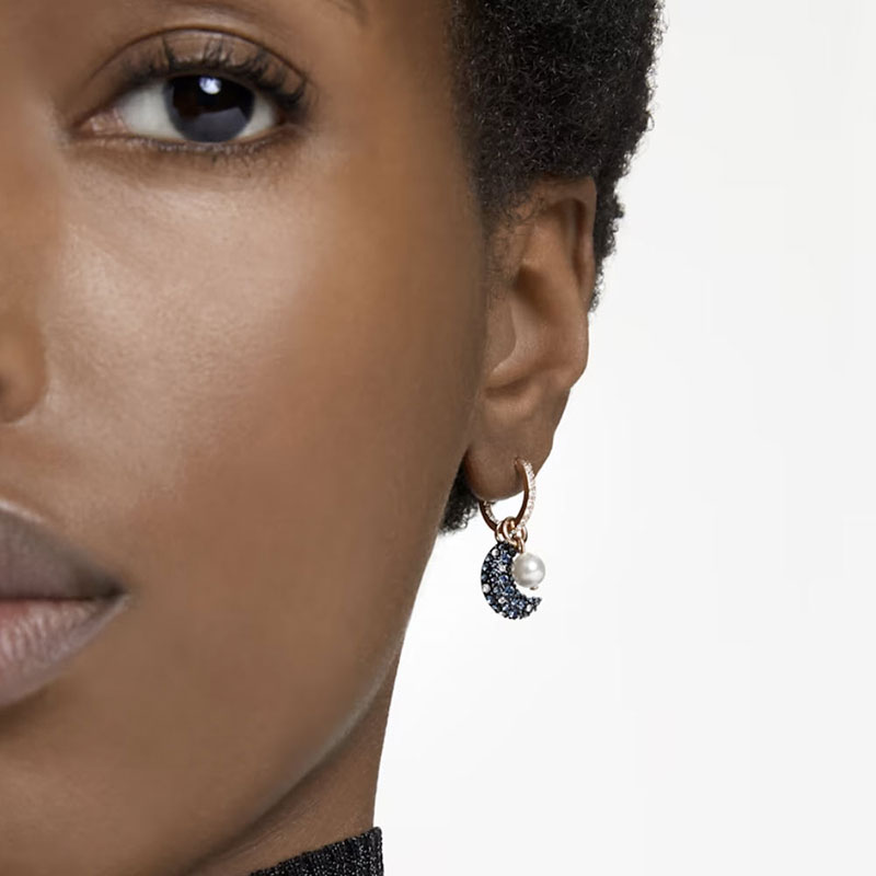 Swarovski Luna Asymmetrical Moon Drop Earrings, Navy and Rose Gold Tone Plated