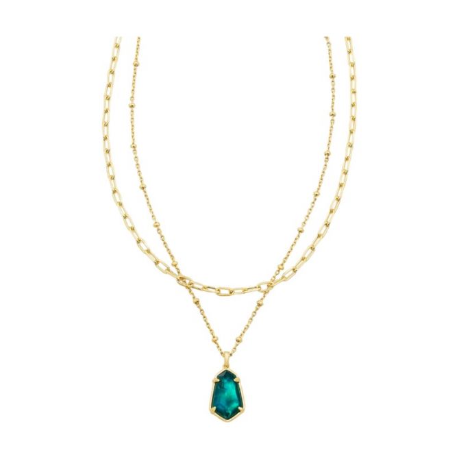 Kendra Scott Alexandria Yellow Gold Plated Multi Strand Necklace in Teal Green Illusion