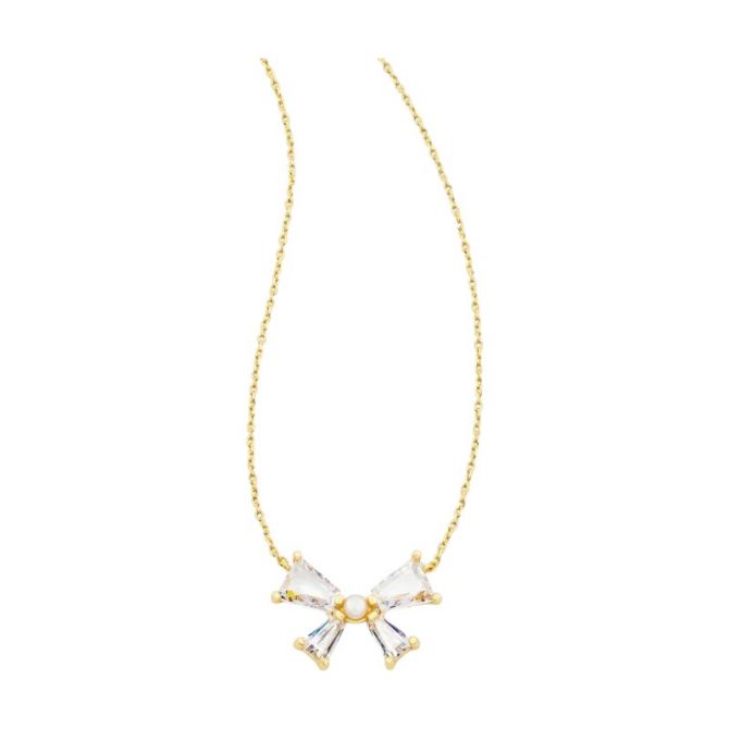 Kendra Scott Blair Yellow Gold Plated Bow Short Pendant Necklace in White Crystal