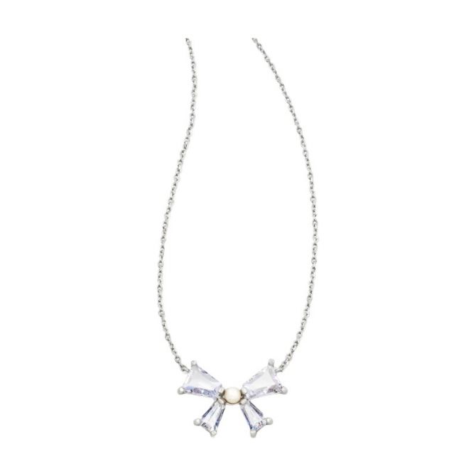 Kendra Scott Blair Silver Bow Short Pendant Necklace in White Crystal