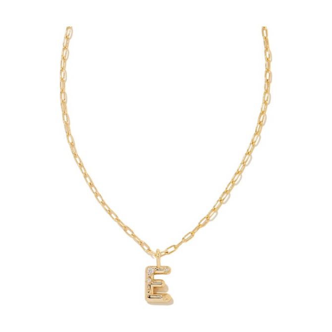 Kendra Scott Crystal Letter E Yellow Gold Short Pendant Necklace in White Crystal