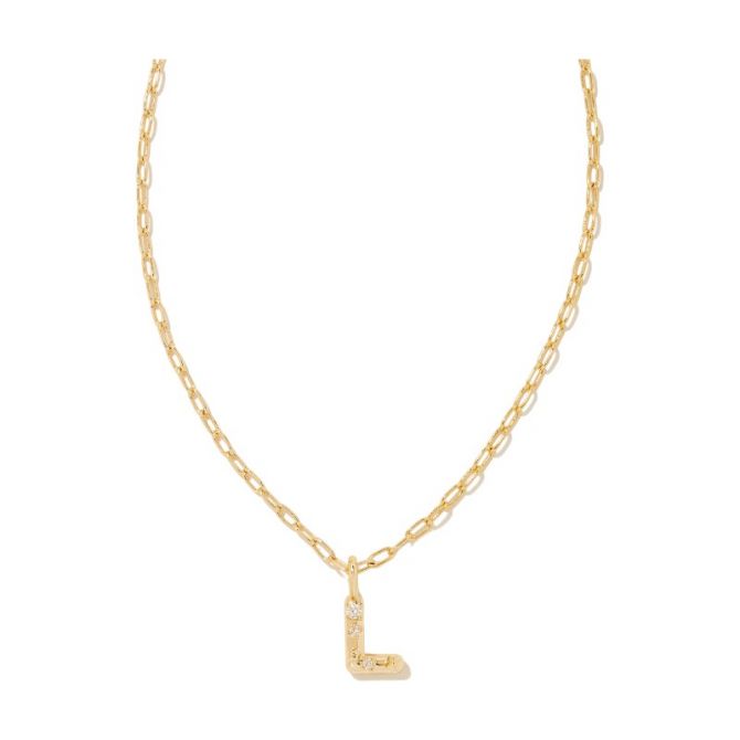 Kendra Scott Crystal Letter L Yellow Gold Short Pendant Necklace in White Crystal