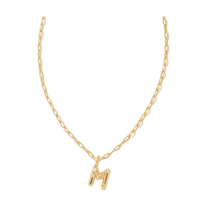 Kendra Scott Crystal Letter M Yellow Gold Plated Short Pendant Necklace in White Crystal
