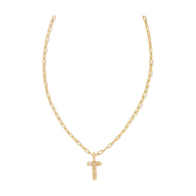 Kendra Scott Crystal Letter T Yellow Gold Short Pendant Necklace in White Crystal