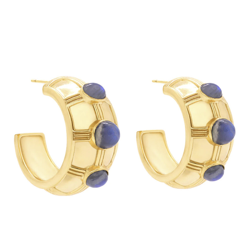 Capucine De Wulf Cleopatra Bold Hoop Earrings, Yellow Gold Plate and Blue Labradorite