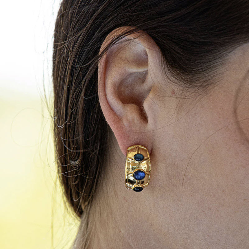 Capucine De Wulf Cleopatra Bold Hoop Earrings, Yellow Gold Plate and Blue Labradorite