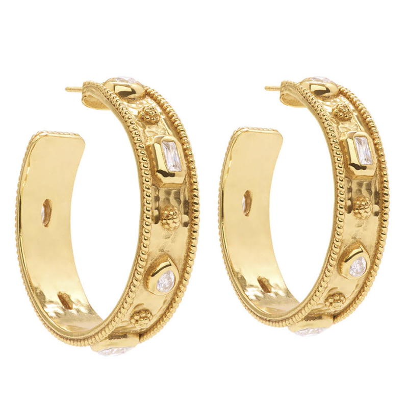 Capucine De Wulf Berry Hammered Hoops, Yellow Gold Plate and Cubic Zirconia