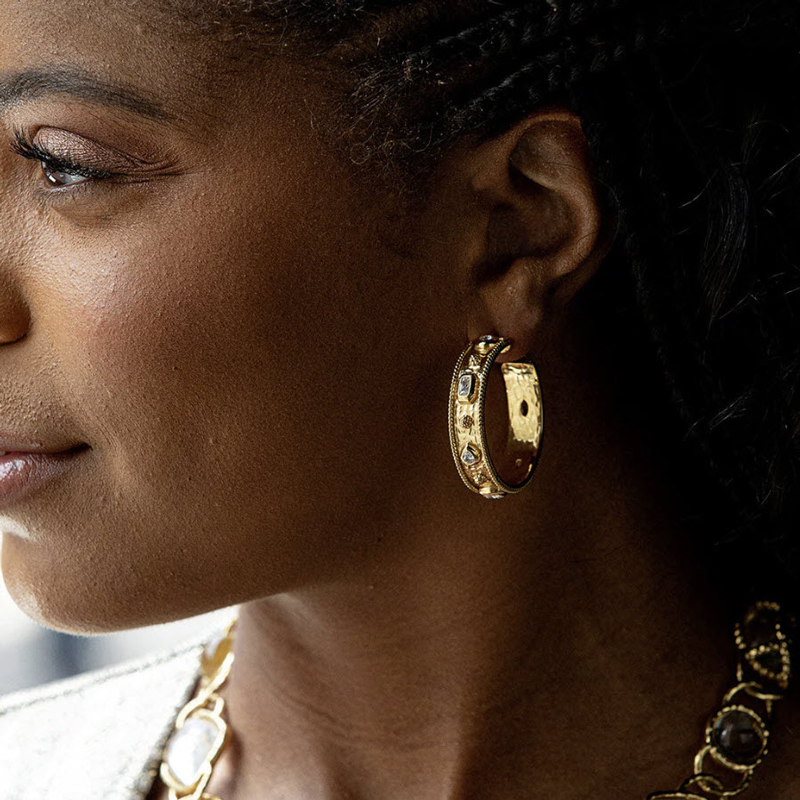 Capucine De Wulf Berry Hammered Hoops, Yellow Gold Plate and Cubic Zirconia