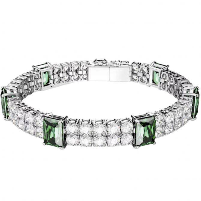 Swarovski Matrix Mixed Cuts Double Row Tennis Bracelet, Green and Rhodium Plated