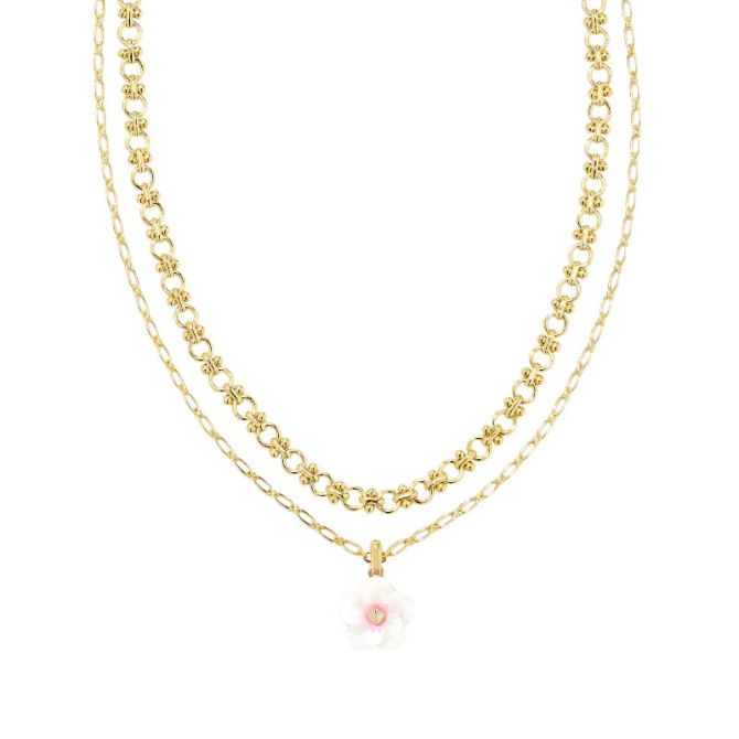 Kendra Scott Deliah Yellow Gold Plated Multi Strand Necklace in Iridescent Pink and White Mix