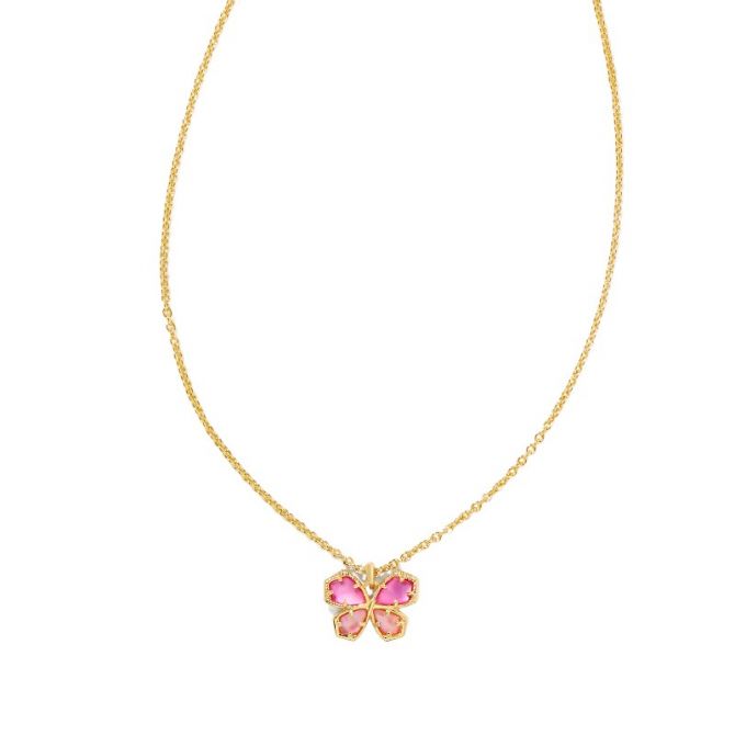 Kendra Scott Mae Yellow Gold Plated Butterfly Short Pendant Necklace in Azalea Pink Mix