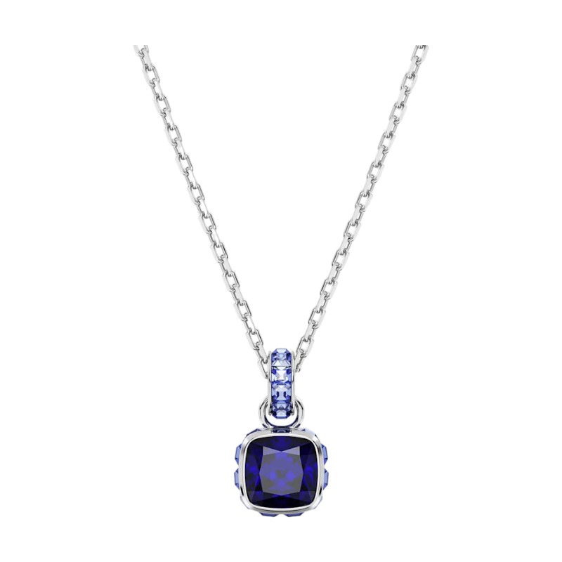 Swarovski September Birthstone Square Cut Pendant Necklace, Blue and Rhodium Plated