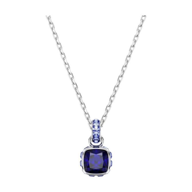 Swarovski September Birthstone Square Cut Pendant Necklace, Blue and Rhodium Plated