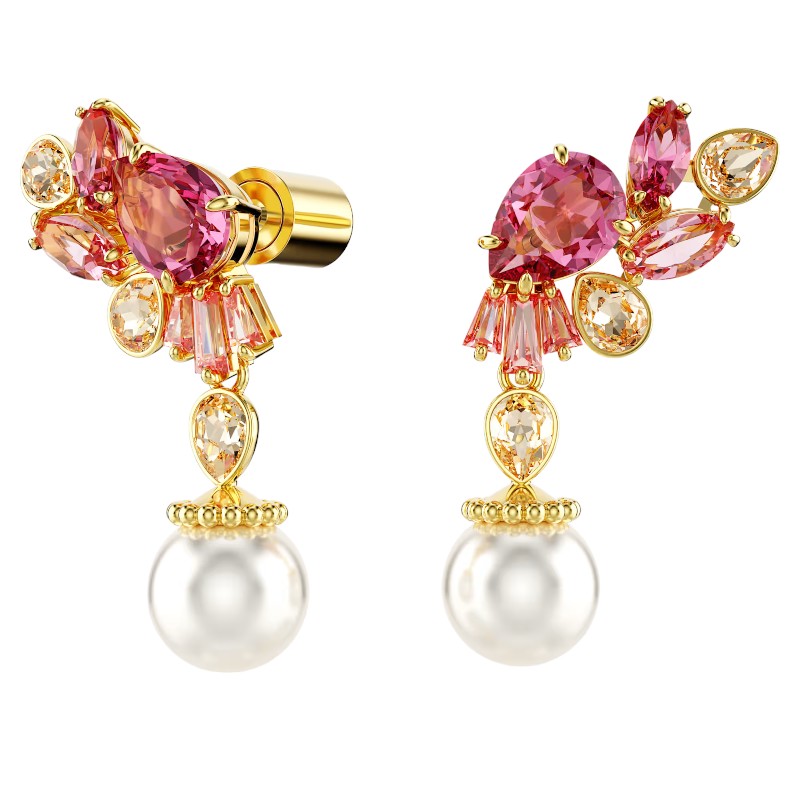 Swarovski Gema Mixed Cuts Crystal Pearls and Flower Drop Earrings, Pink and Yellow Gold Tone Plated
