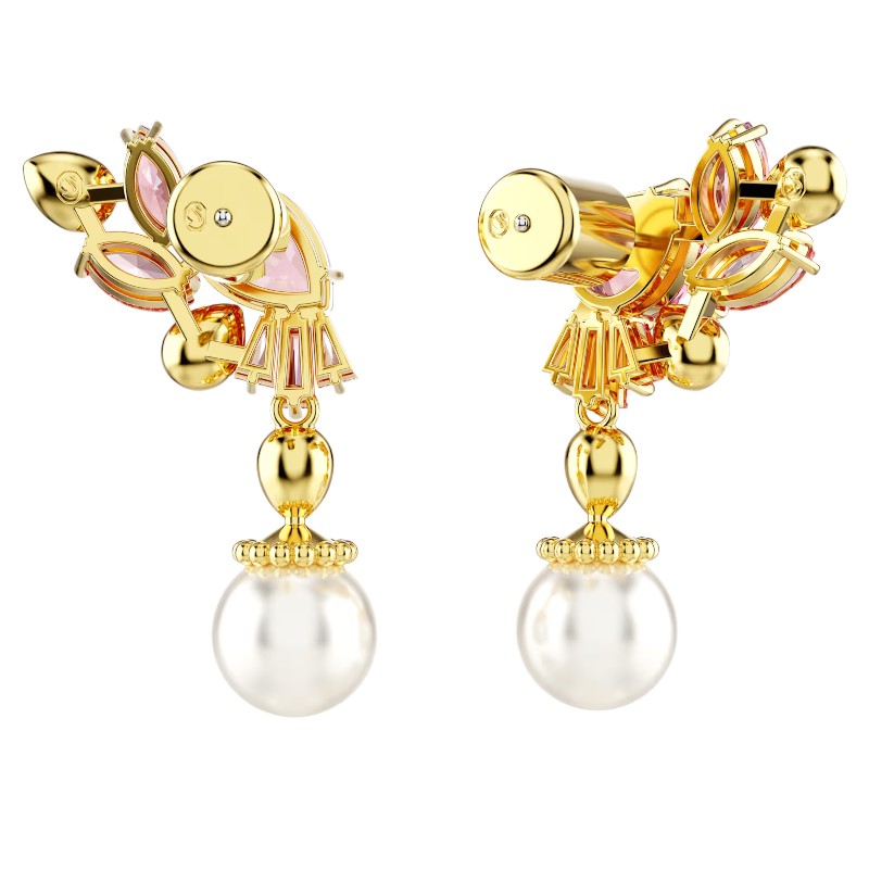 Swarovski Gema Mixed Cuts Crystal Pearls and Flower Drop Earrings, Pink and Yellow Gold Tone Plated