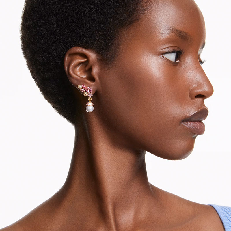 Swarovski Gema Mixed Cuts Crystal Pearls and Flower Drop Earrings, Pink and Yellow Gold Tone Plated