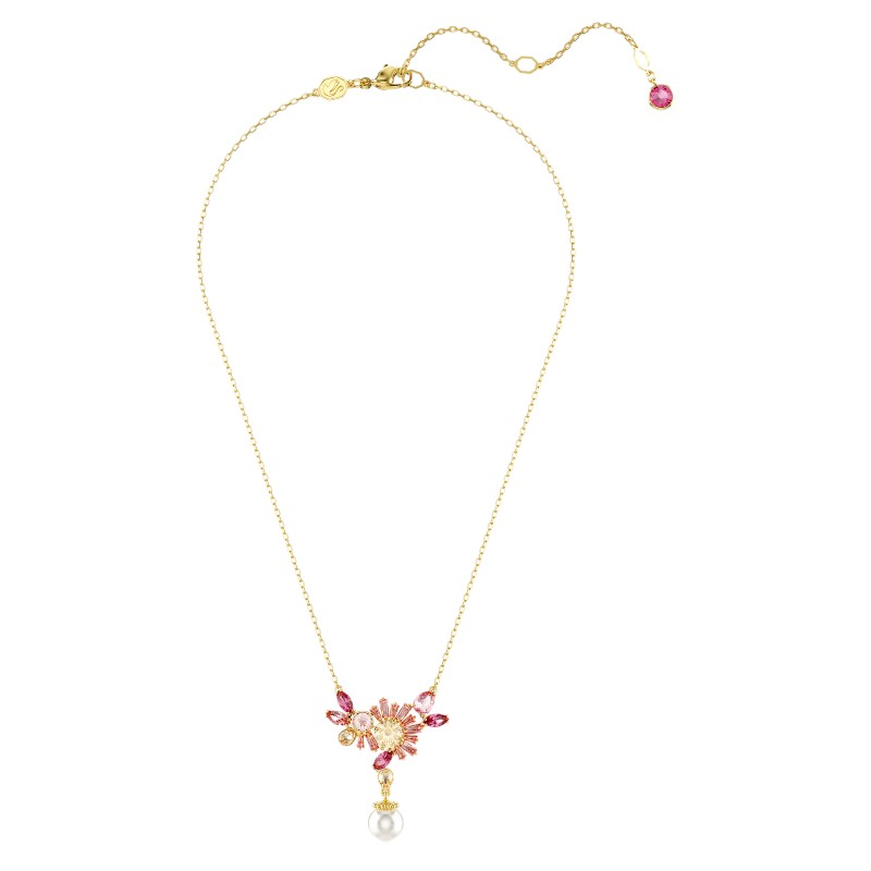 Swarovski Gema Crystal Pearl and Flower Mixed Cuts Pendant Necklace, Pink and Gold Tone Plated
