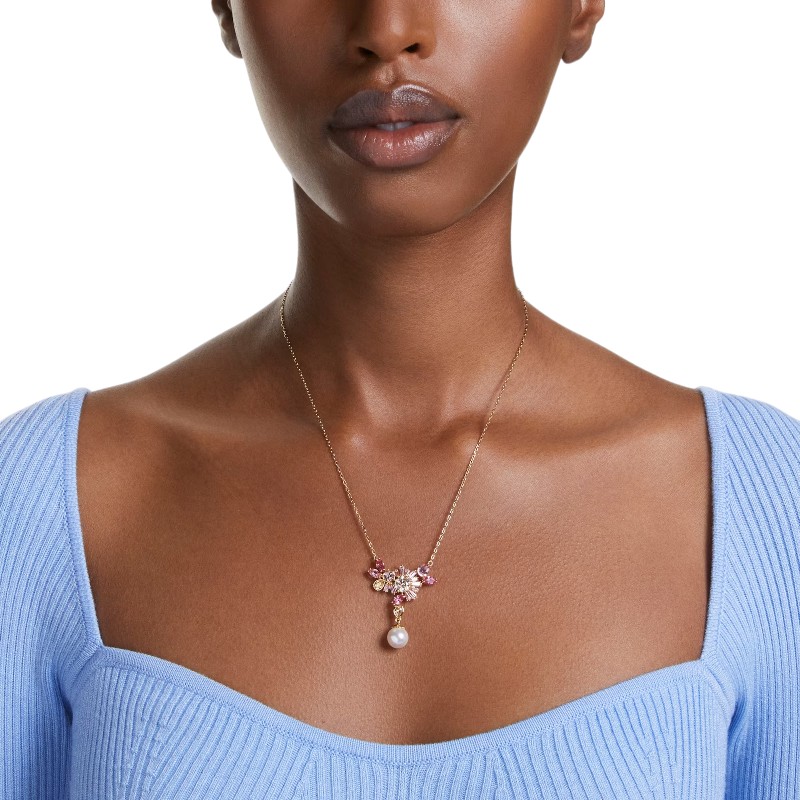 Swarovski Gema Crystal Pearl and Flower Mixed Cuts Pendant Necklace, Pink and Gold Tone Plated