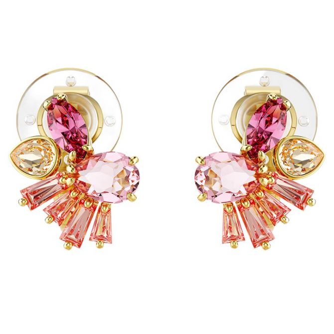 Swarovski Gema Mixed Cuts Flower Clip Earrings Pink and Gold Tone Plated