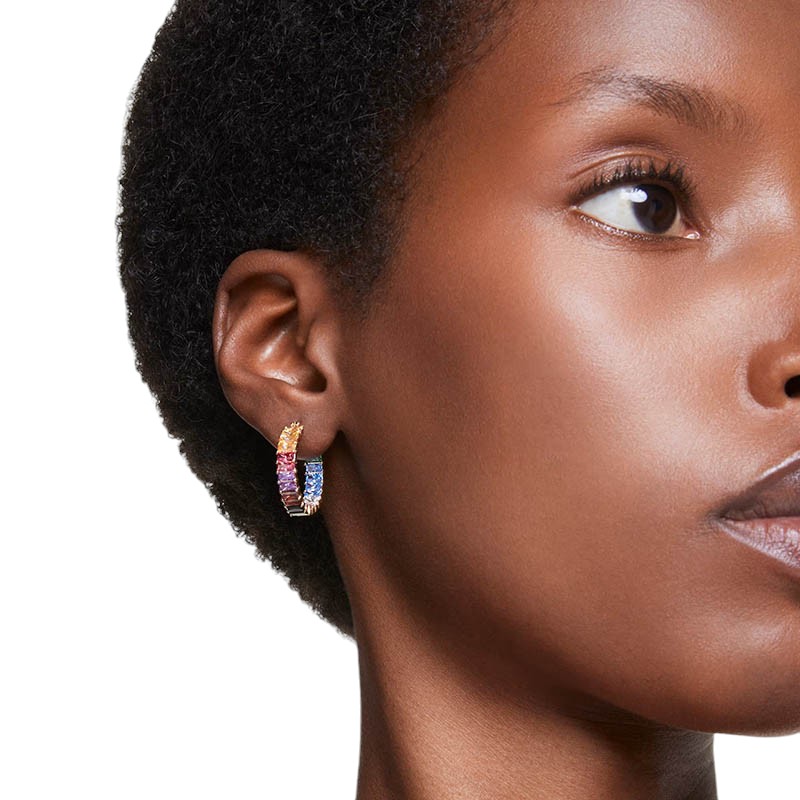 Swarovski Matrix Baguette Cut Hoop Earrings, Multicolored and Gold Tone Plated