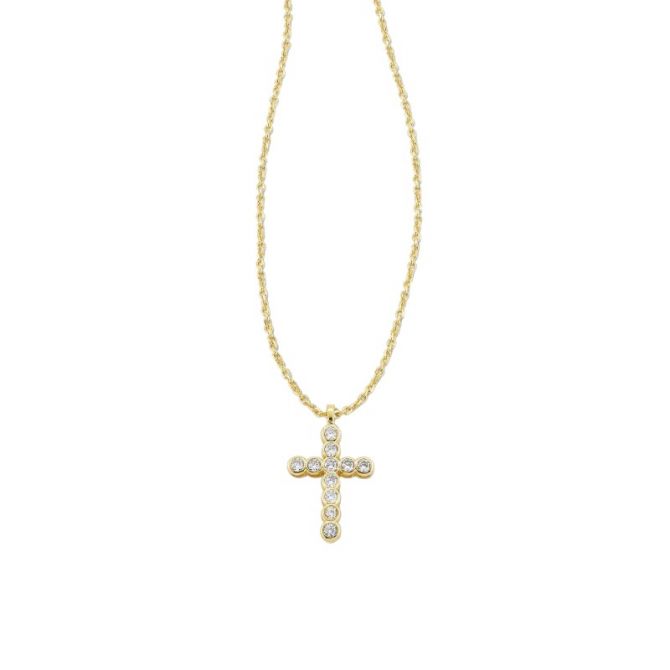 Kendra Scott Cross Yellow Gold Plated Pendant Necklace in White Crystal