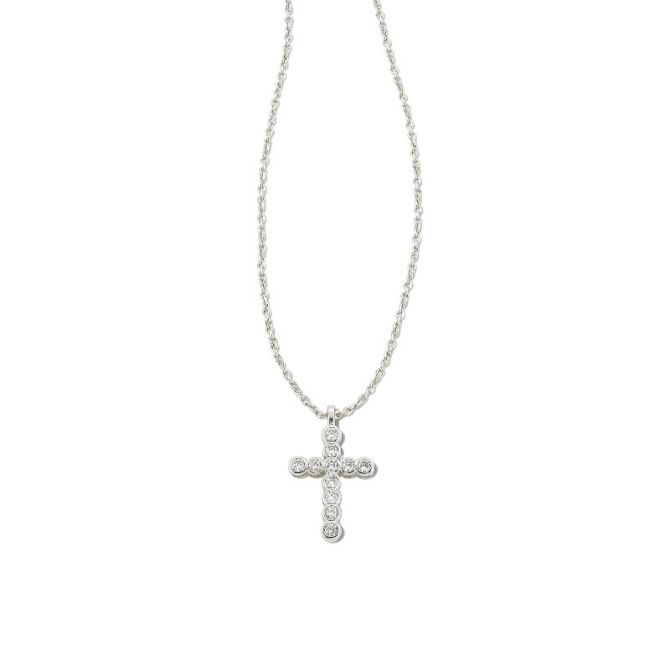 Kendra Scott Cross Silver Pendant Necklace in White Crystal