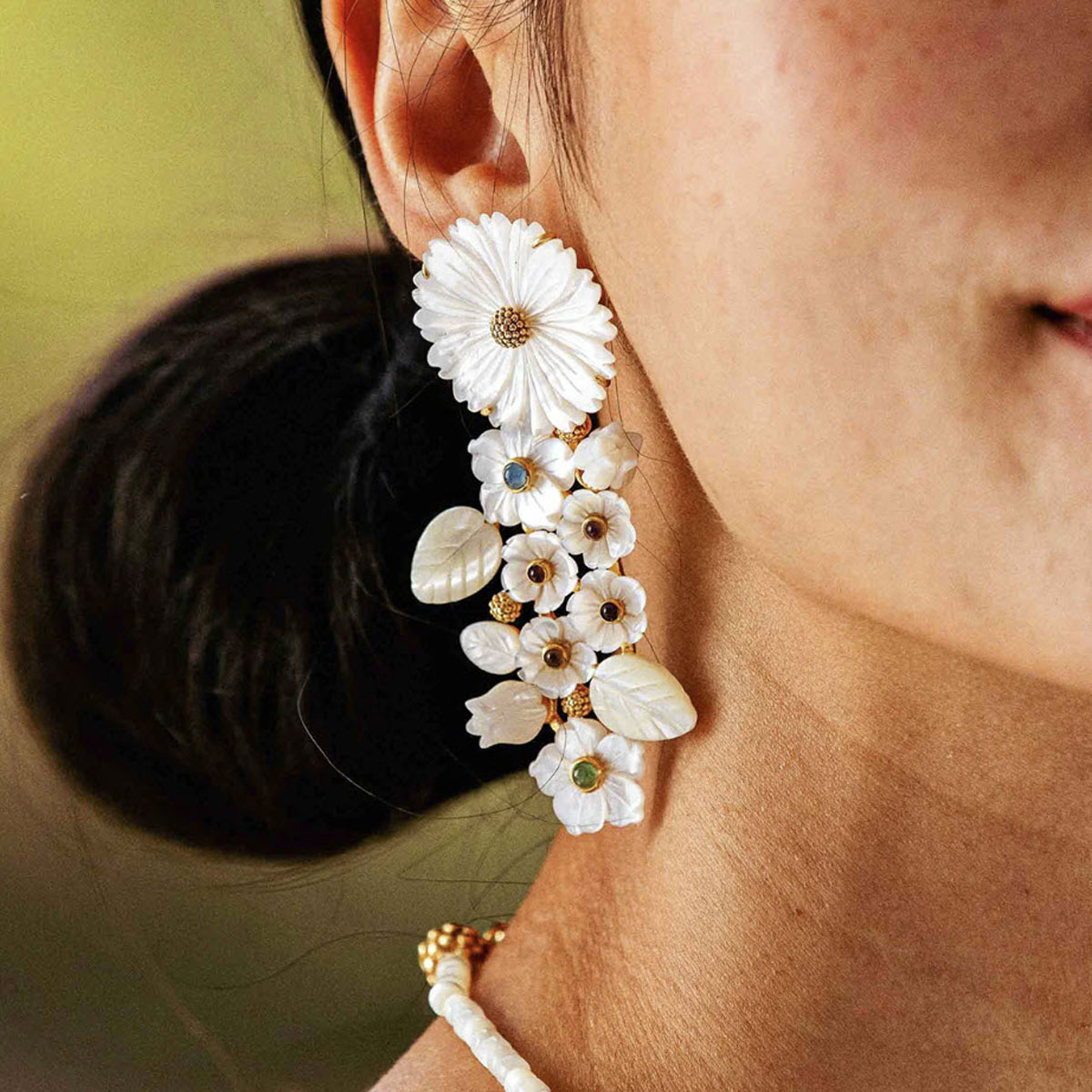 Capucine De Wulf Mermaid Garden Convertible Statement Earrings, Mother of Pearl and Multicolored Jad