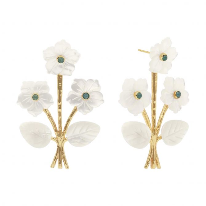 Capucine De Wulf Mermaid Garden Convertible Bouquet Post Earrings, Mother of Pearl and Ocean Jade