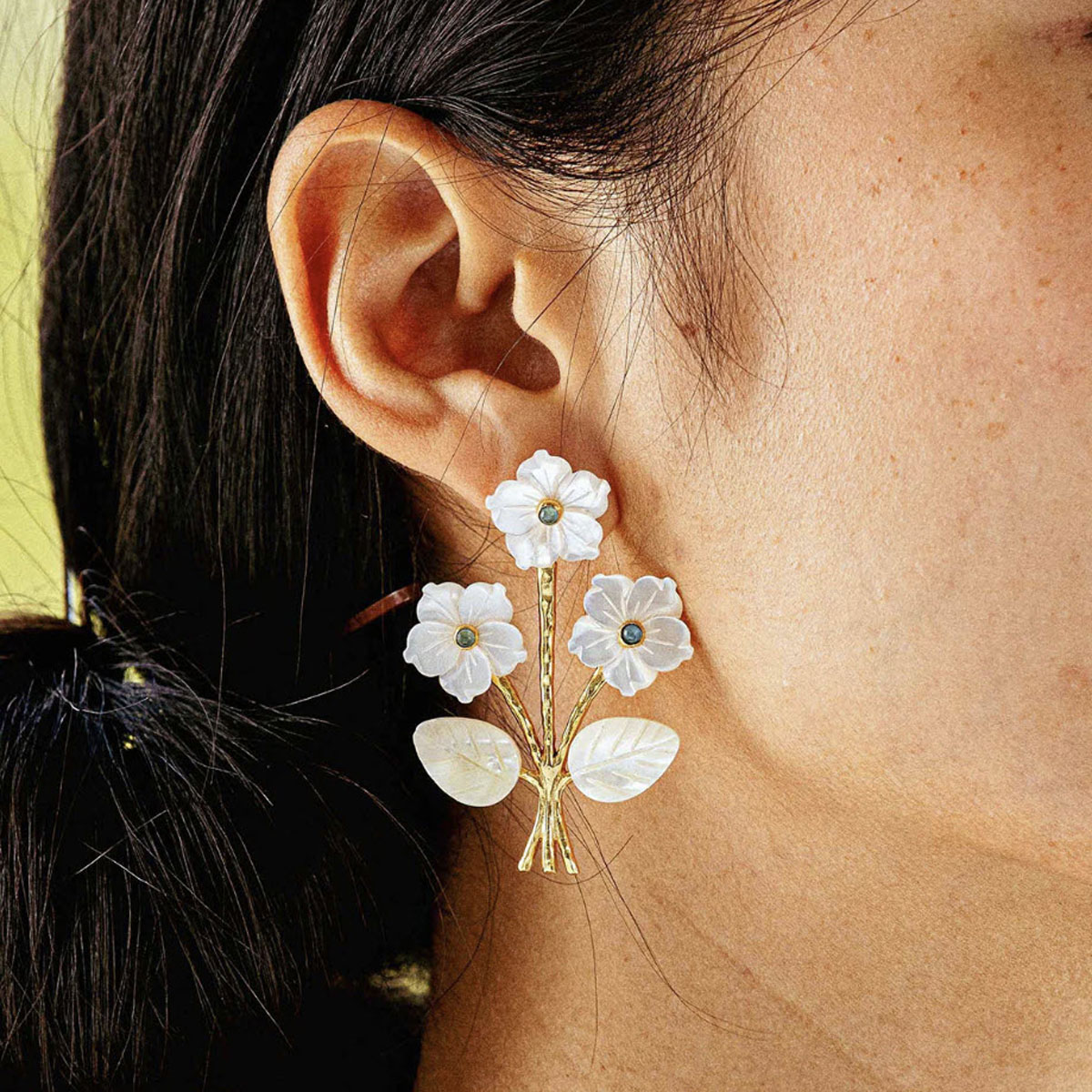 Capucine De Wulf Mermaid Garden Convertible Bouquet Post Earrings, Mother of Pearl and Ocean Jade