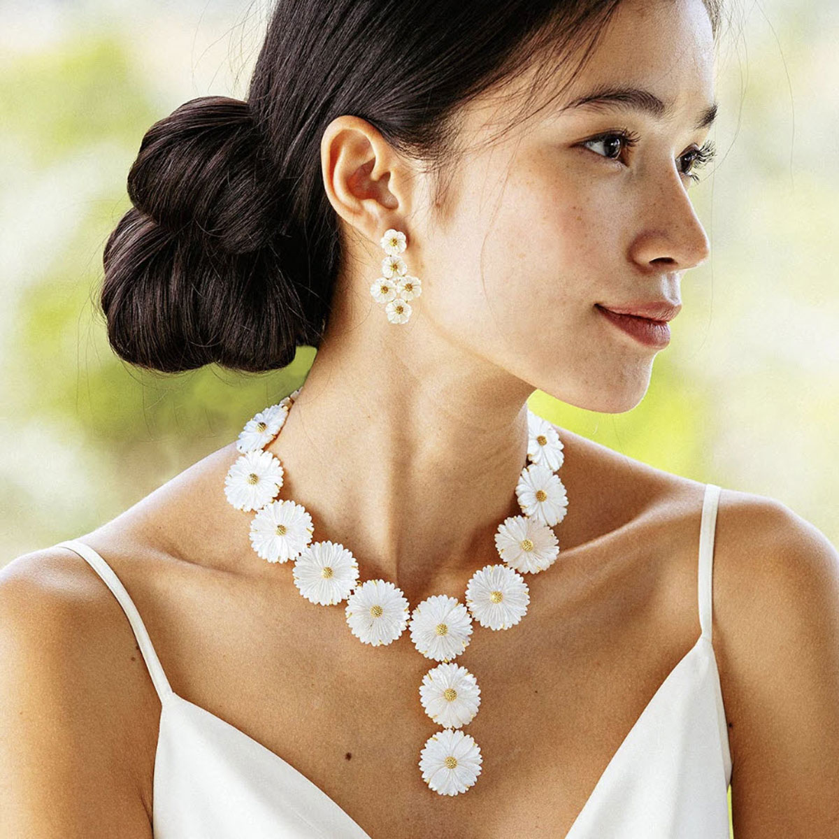 Capucine De Wulf Mermaid Garden Floral Petite Post Drop Earrings, Mother of Pearl and Yellow Gold Pl