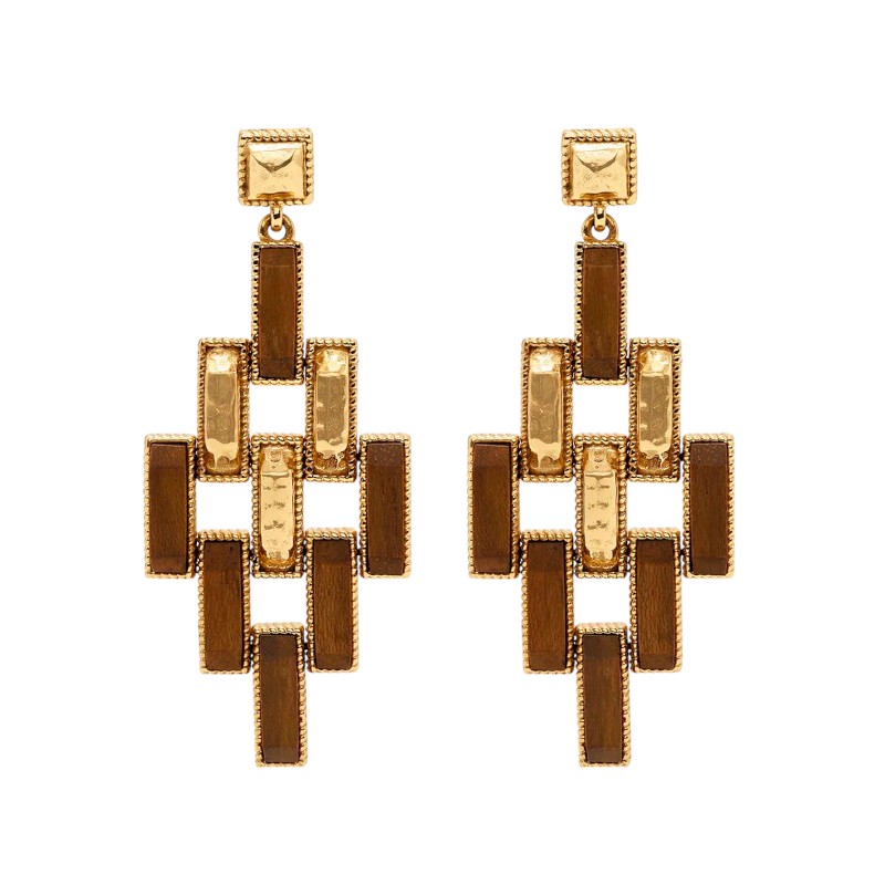 Capucine De Wulf Pathway Post Drop Earrings, Yellow Gold Plated and Teakwood
