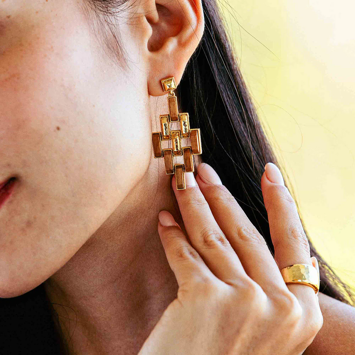 Capucine De Wulf Pathway Post Drop Earrings, Yellow Gold Plated and Teakwood