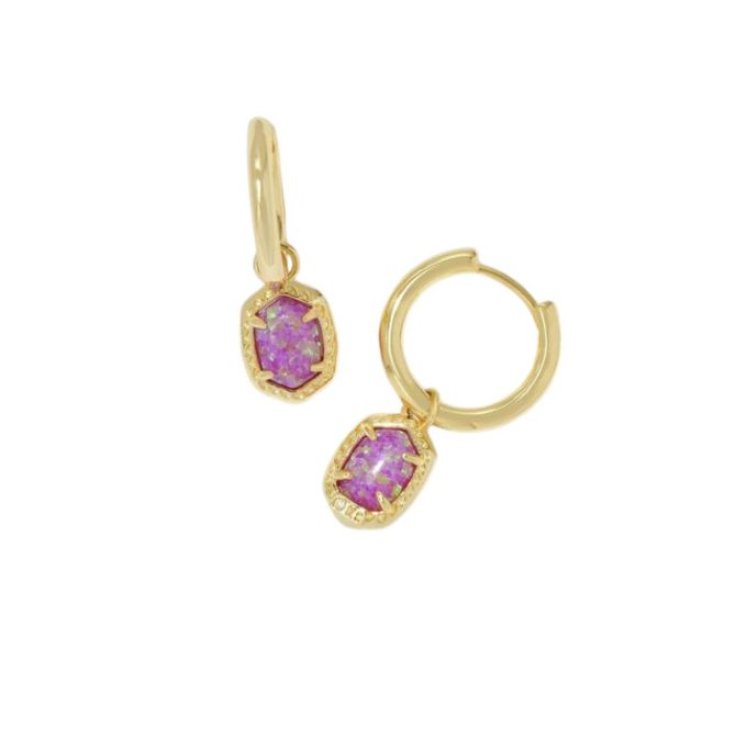 Kendra Scott Daphne Yellow Gold Tone Framed Huggie Earrings in Magenta Kyocera Opal
