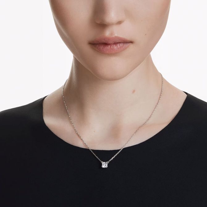 Swarovski Stilla Square Cut Pendant Necklace, White and Rhodium