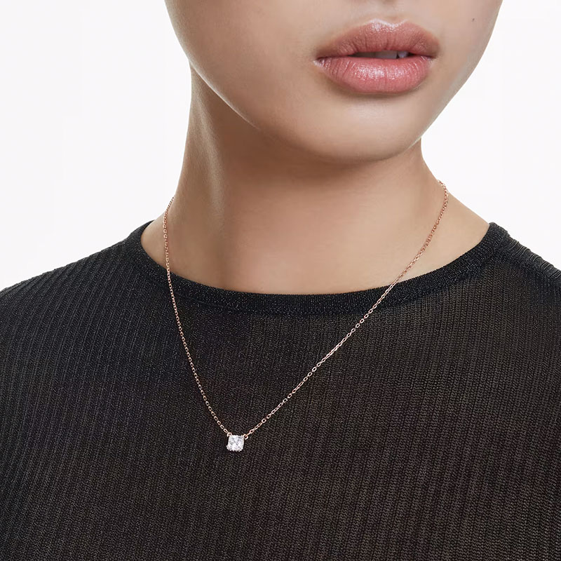 Swarovski Stilla Square Cut Pendant Necklace, White and Rose Gold Tone Plated