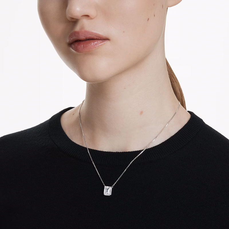 Swarovski Stilla Octagon Cut Pendant Necklace, White and Rhodium Plated