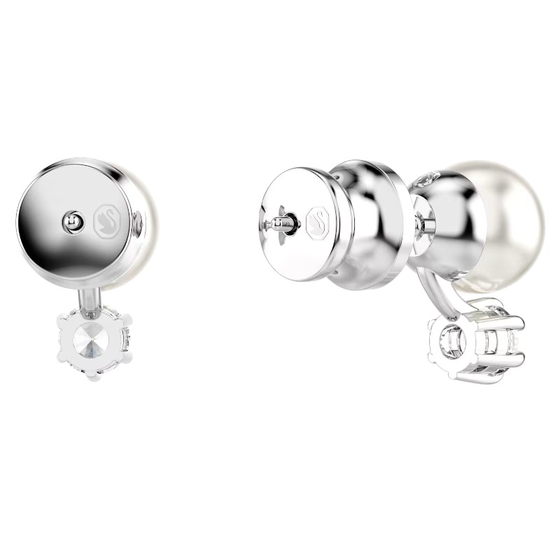 Swarovski Matrix Crystal Pearl Round Cut Stud Earrings, White and Rhodium Plated